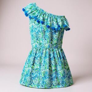 Lilly Pulitzer Idara One-Shoulder Romper XXS Green Blue Pom-Pom Resort Cruise